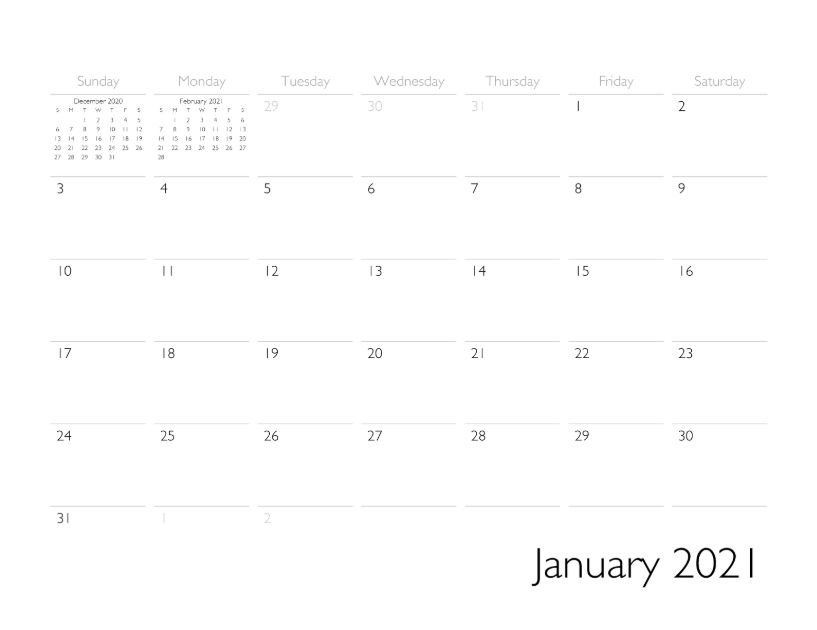 January 2021 Calendar Page