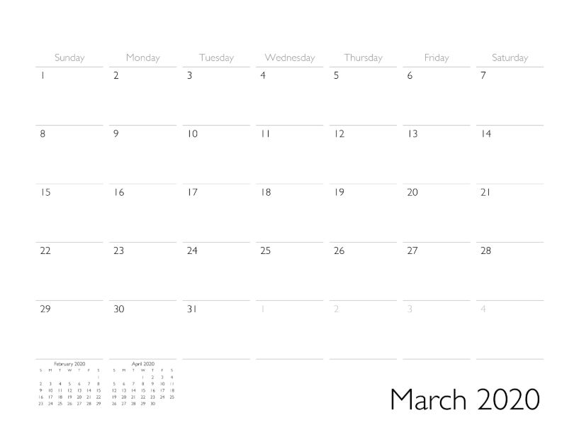 March 2020 Calendar Page