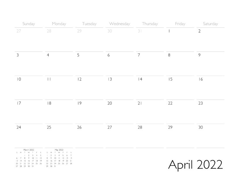 April 2022 Calendar Page