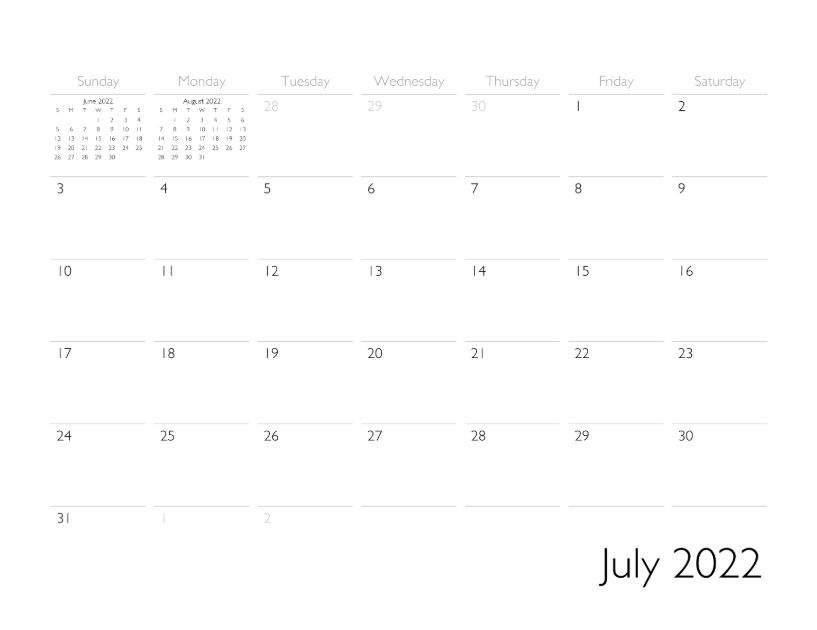 July 2022 Calendar Page